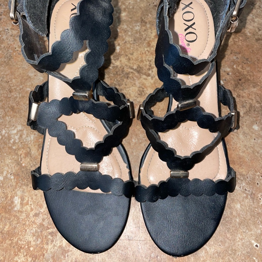Black wedge sandals. 6.5 XOXO Like New Gold buckle detail